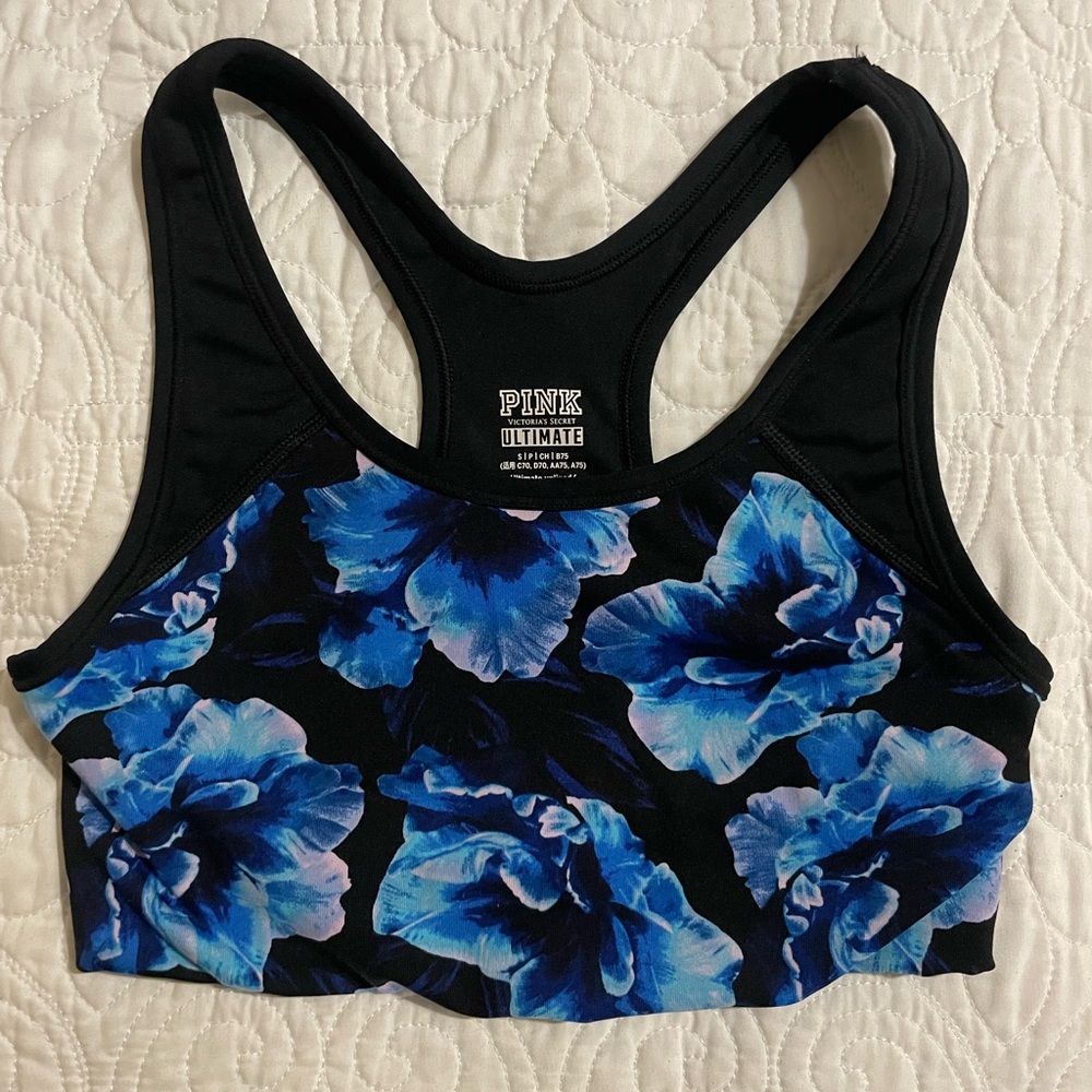 PINK Victoria's Secret Black and Blue Floral Sports Bra
